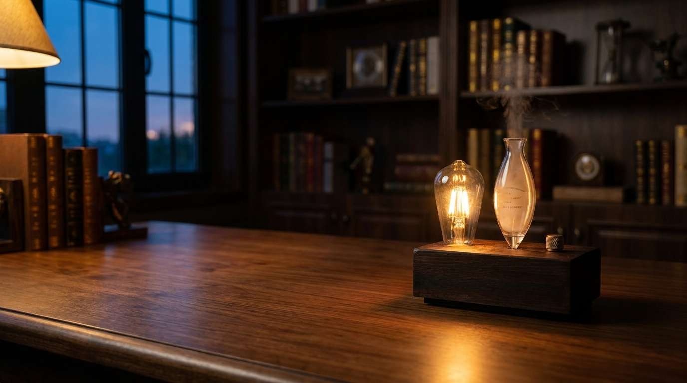 The Hartwynd Lamp Diffuser glowing on a walnut desk at dusk